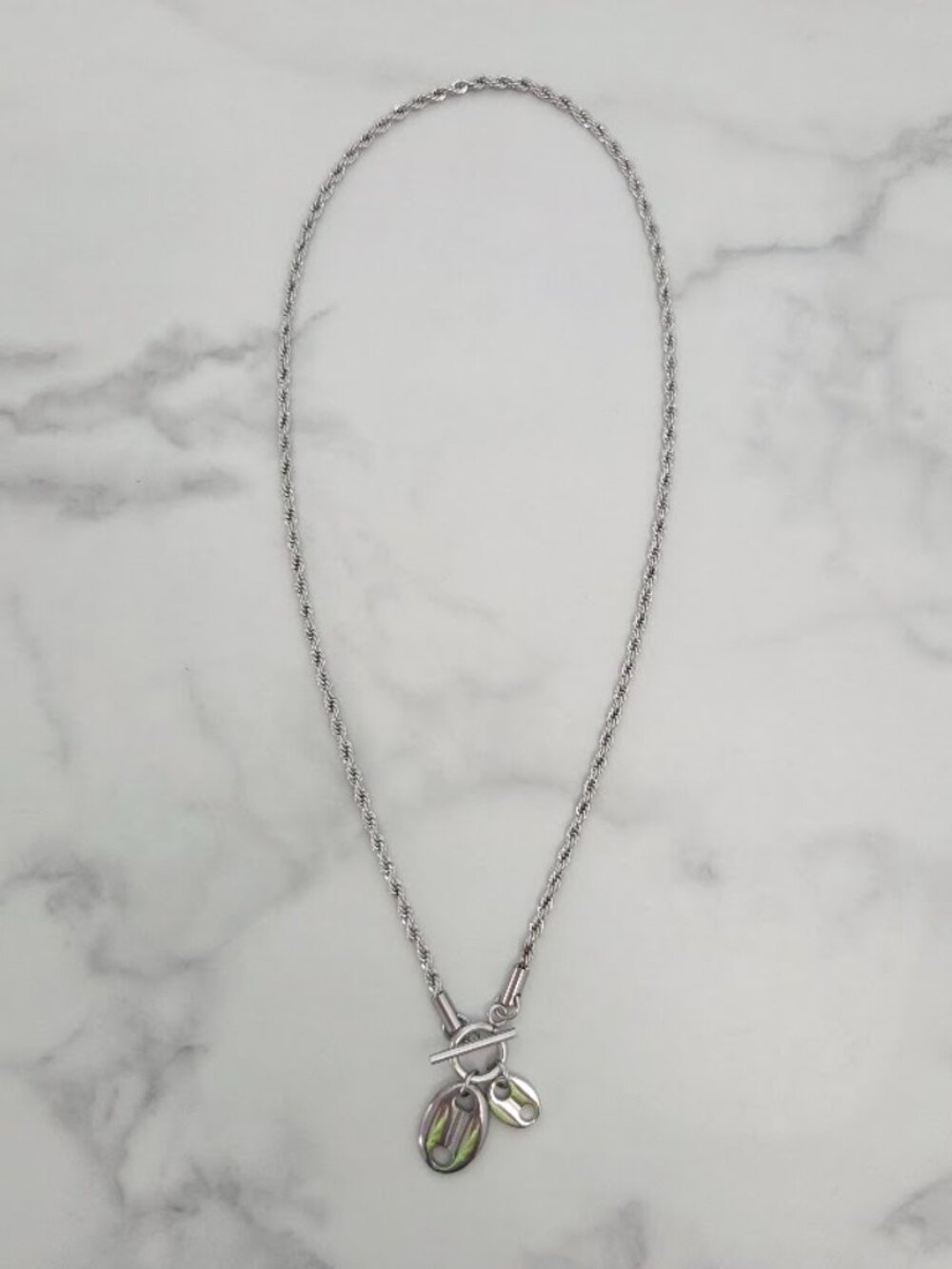 Stainless Steel Coffee Bean Charm T-Bar Necklace Minimalist Dainty Silver Chain - Picture 12 of 12